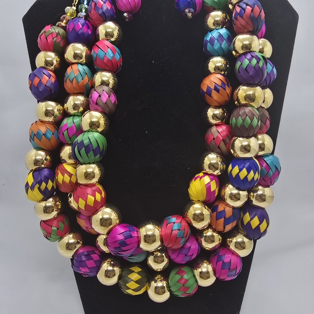 Colorful Palm Leaf Beaded Necklace with Gold Accents Set